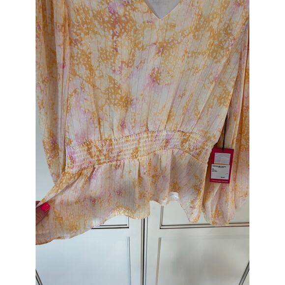 Vince Camuto V-Neck Balloon Sleeves Tie Dye Metallic Lining Top, Yellow S NWT - Picture 5 of 9